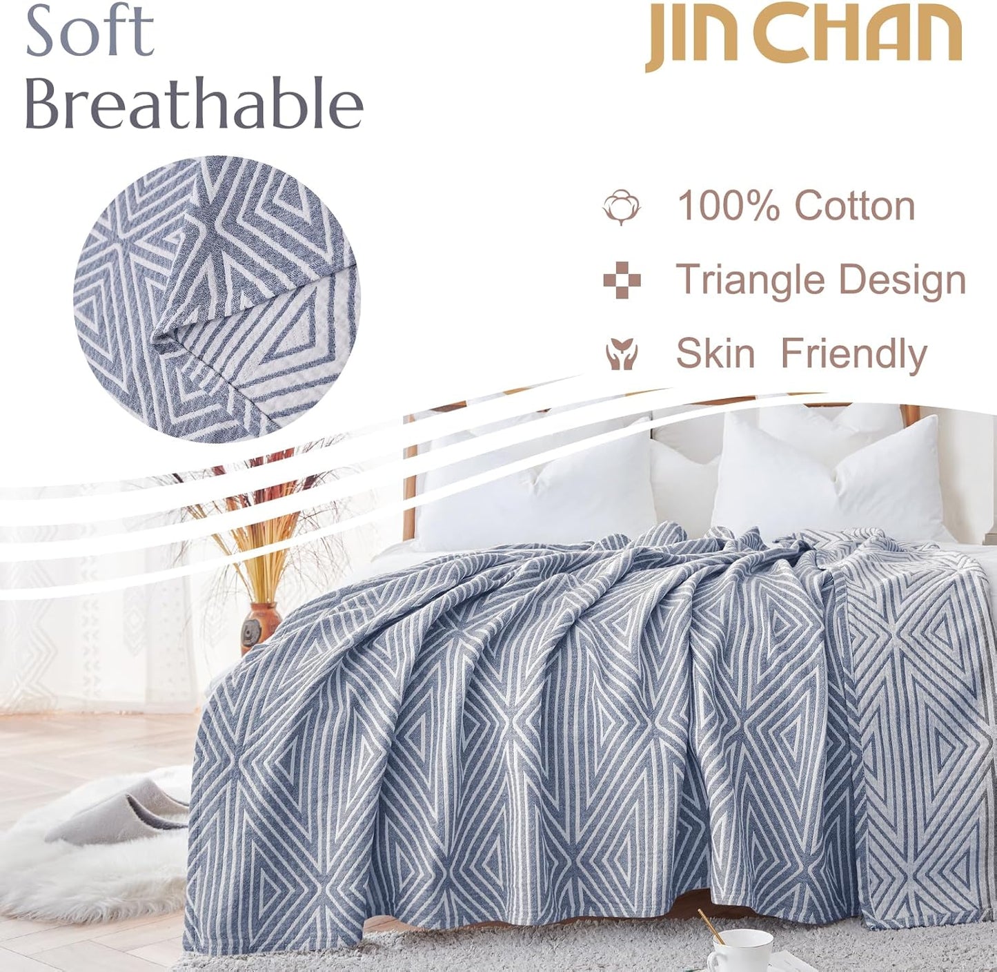 jinchan Boho 100% Cotton Blanket Muslin 50x60 Inches Lightweight 3-Layer Geometric Triangle Striped