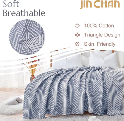 JINCHAN Boho 100% Cotton Blanket Muslin Twin Size 60x80 Inches Lightweight 3-Layer Geometric
