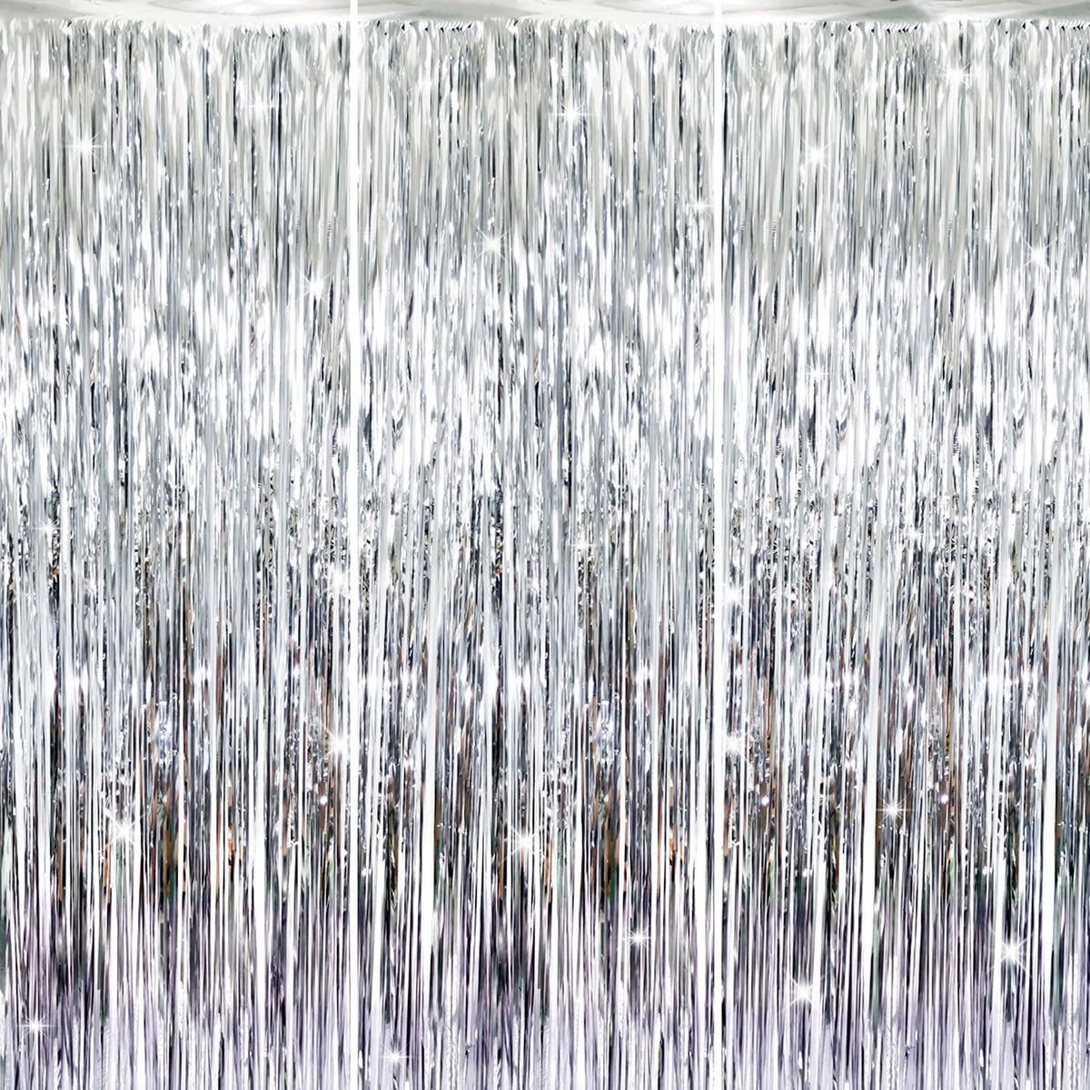 GOER 3.2 ft x 8.2 ft Metallic Tinsel Foil Fringe Curtains Party Photo Backdrop Party Streamers for