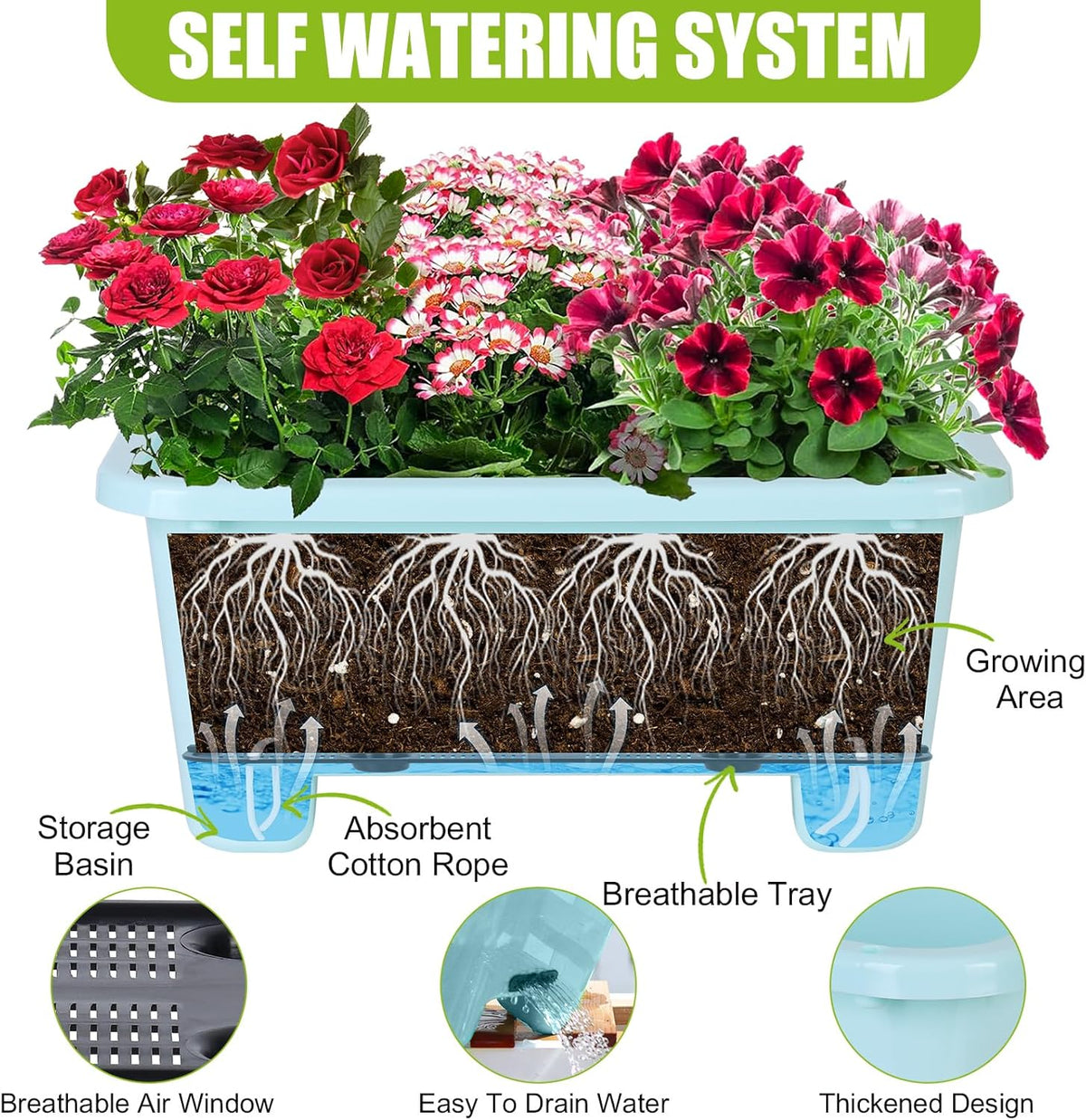 Self-Watering Rectangle Planter Boxes 8-Pack, 15.7-Inch Window Box Planter with Drainage Holes &