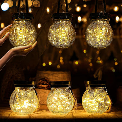 Cooo 4 Pack Heavy Crackle Glass Solar Lantern with 30 LED Firefly Lights– Waterproof Outdoor
