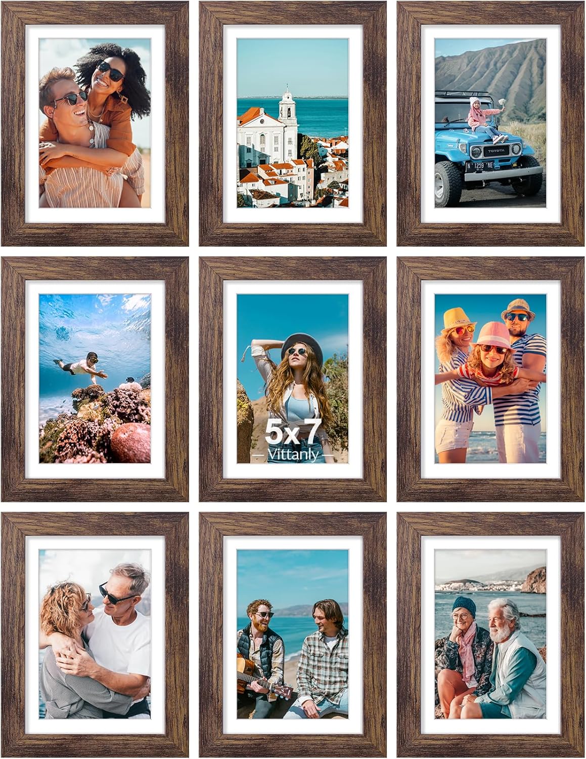 Vittanly 5x7 Picture Frames Set of 9, Shatter Resistant Plexiglass, Display 4x6 Pictures with Mat