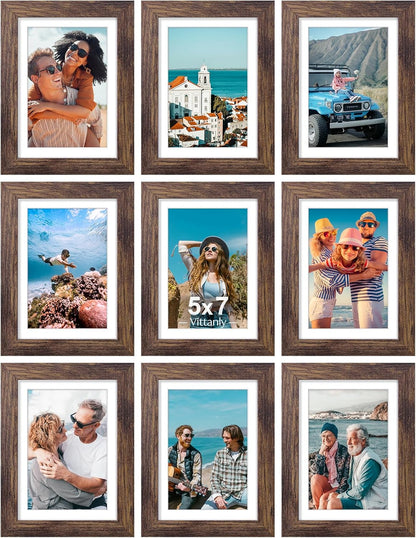 Vittanly 5x7 Picture Frames Set of 9, Shatter Resistant Plexiglass, Display 4x6 Pictures with Mat