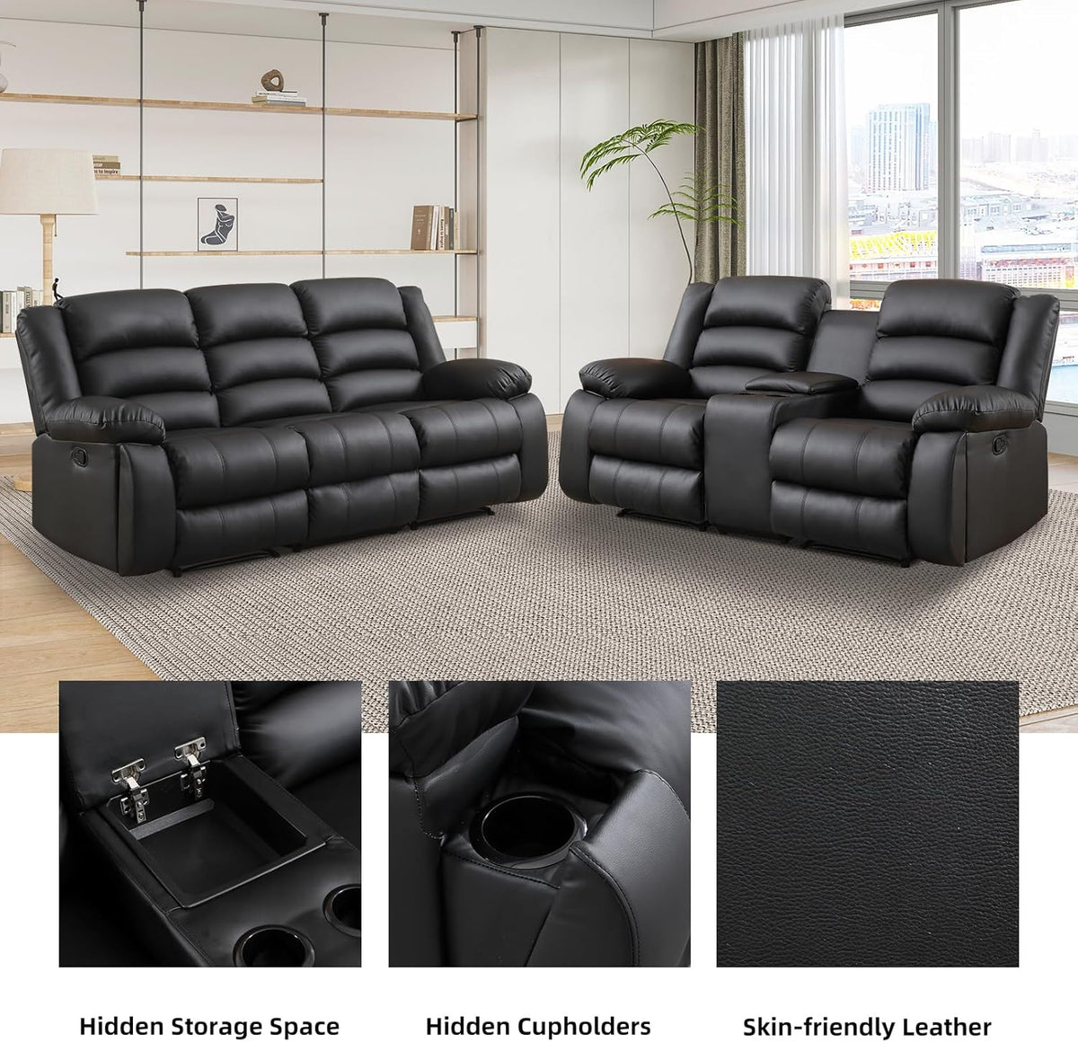 EBELLO Faux Leather Manual Recliner Sofa Set, Loveseat Reclining Sofa and 3 Seat Recliner Sofa