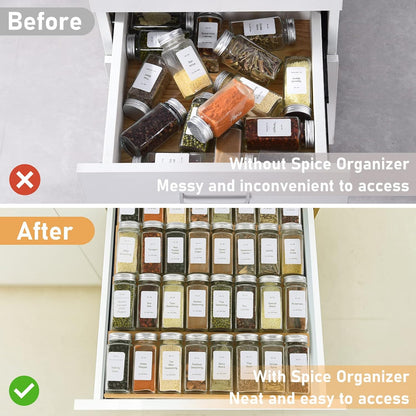 Spice Drawer Organizer with 20 Spice Jars,216 Labels,25 Non-slip Rubber, Bamboo 4 Tier Seasoning