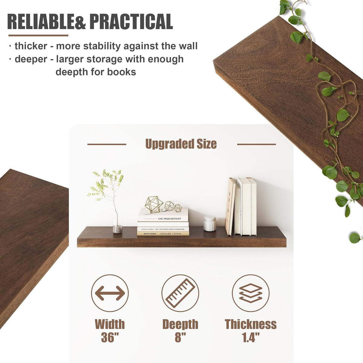 Floating Shelves for Wall, USA-Sourced Walnut Wood 36 Inch Long Wall Shelves Set of 2, Natural