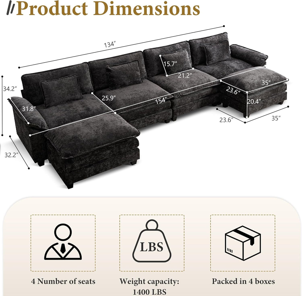URRED Modular Sectional Sofa Comfy Cloud Couch, Modern Chenille Sofa Sleeper Deep Seat Couches with