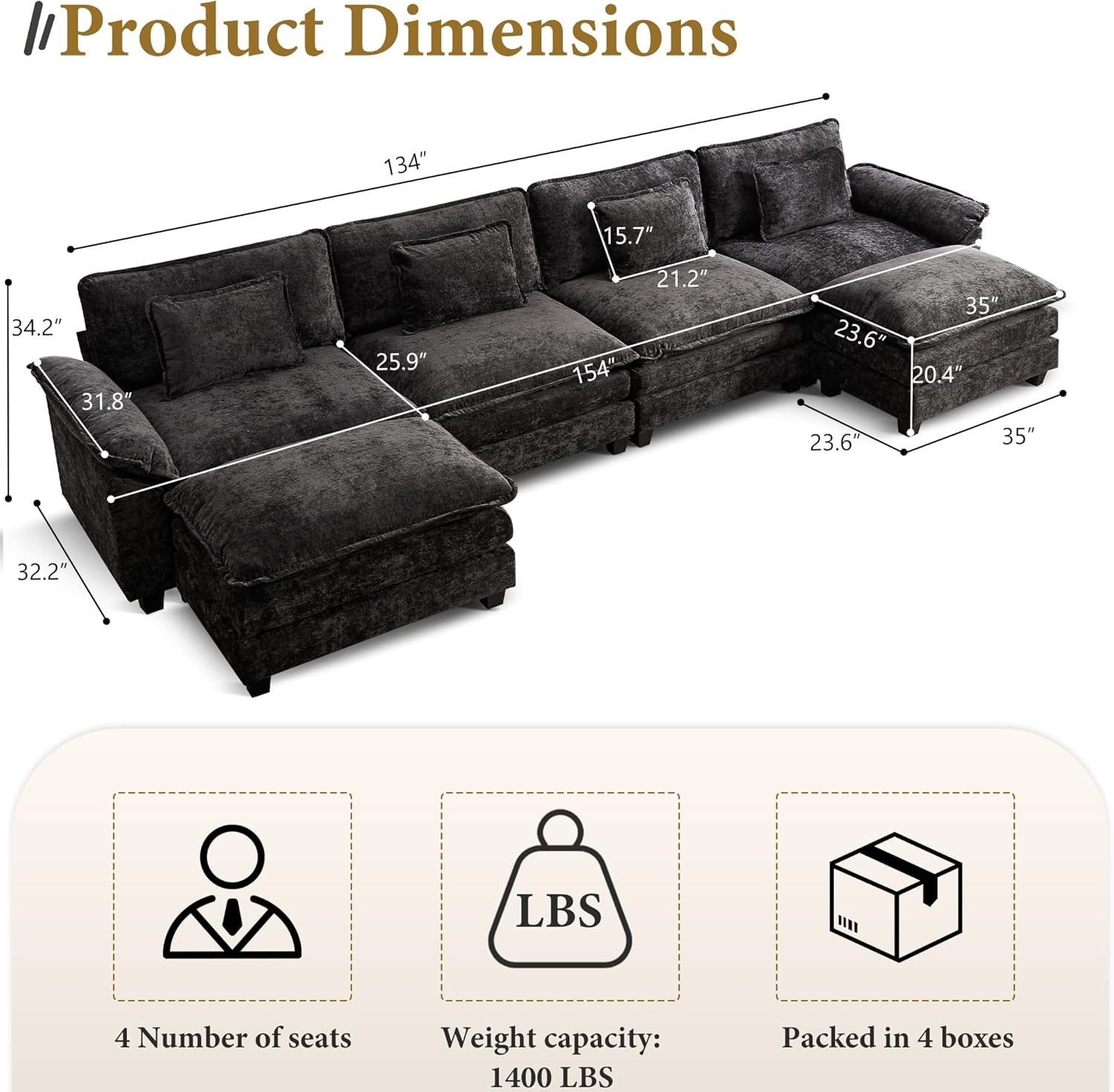 URRED Modular Sectional Sofa Comfy Cloud Couch, Modern Chenille Sofa Sleeper Deep Seat Couches with