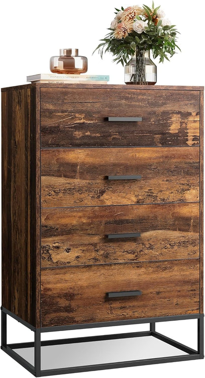 WLIVE Wood Dresser for Bedroom with 4 Drawers, Tall Dresser with Sturdy Metal Frame, Wooden Chest