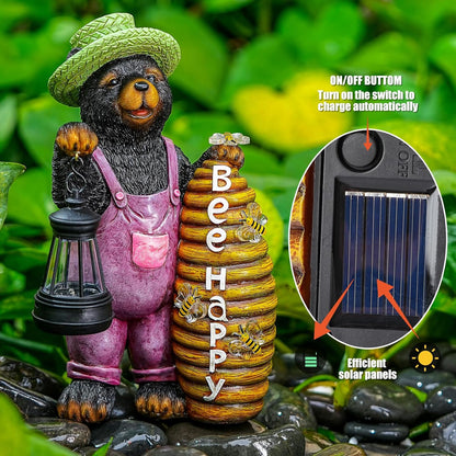 Solar Adorable Bear Garden Statue with Beehive and Lantern - “Bee Happy” Resin Outdoor Decoration