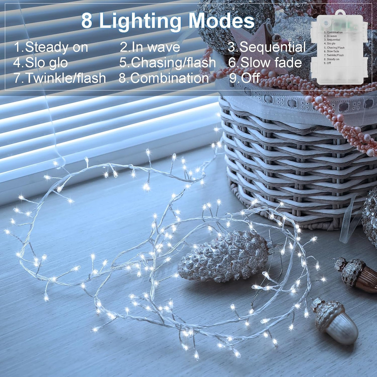 2 Pack Cluster Fairy Lights Battery Operated, Total 20Ft 400 LED Christmas Lights String with Timer
