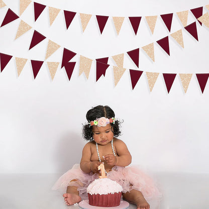 Burgundy Party Decorations Maroon Champagne Gold Triangle Banner Flag Bunting Pennant for Birthday