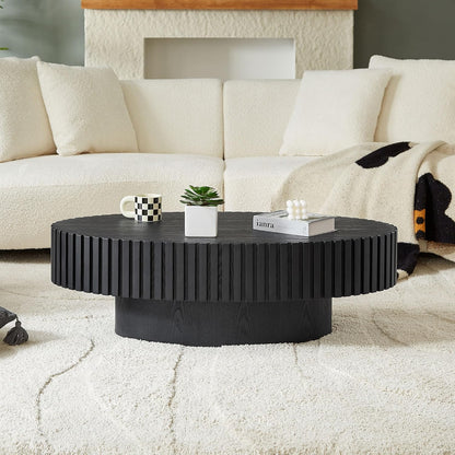 Oval Coffee Table for Living Room, Modern Fluted Coffee Tables with Pedestal Base, Handcrafted