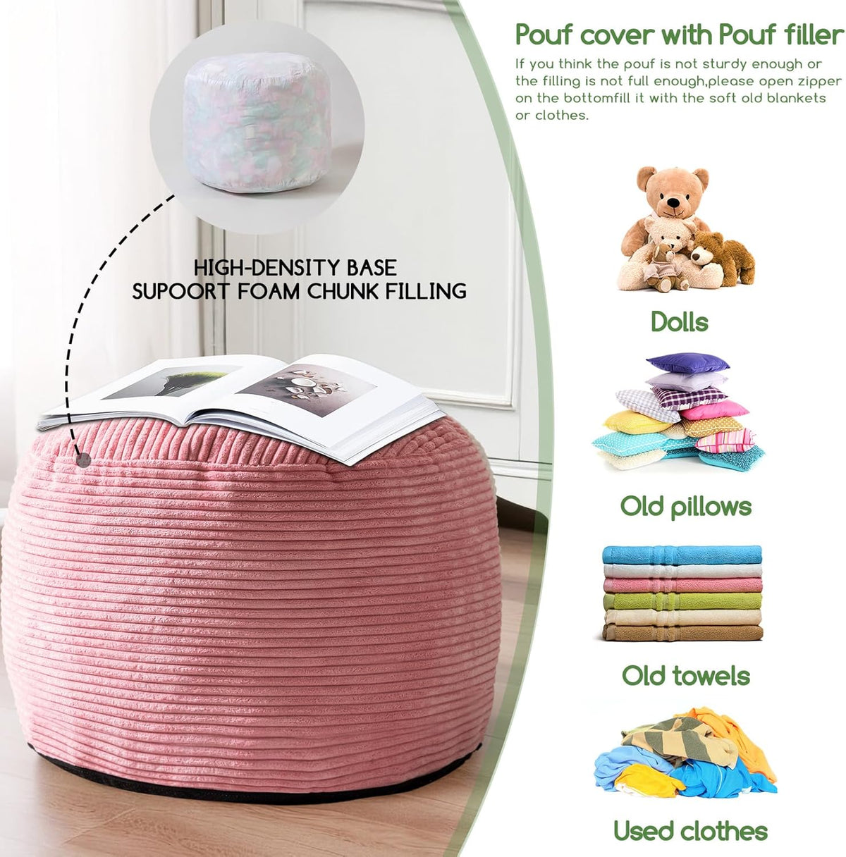 HIGOGOGO Round Stuffed Pouf Ottoman, Corduroy Poufs with Foam Chunk Filling, Furry and Fluffy Pouf