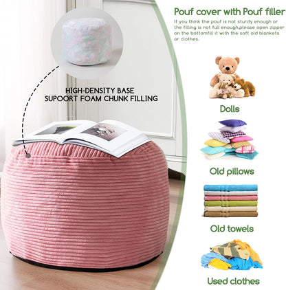 HIGOGOGO Round Stuffed Pouf Ottoman, Corduroy Poufs with Foam Chunk Filling, Furry and Fluffy Pouf
