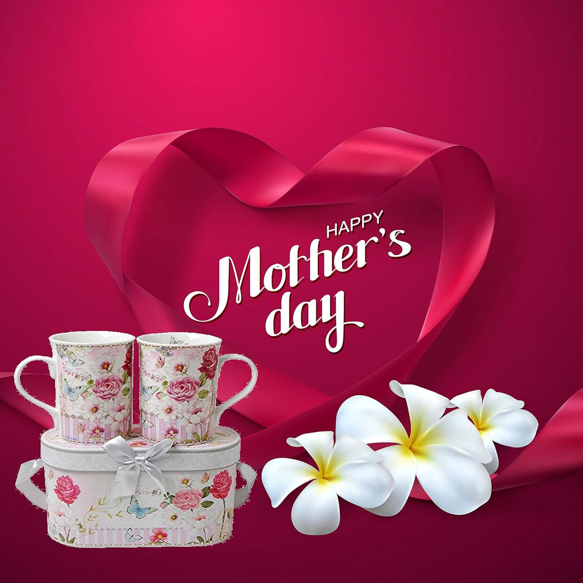 Lightahead Elegent Bone China 2 Coffee Tea Mugs set floral Design in attractive gift box 11 oz each