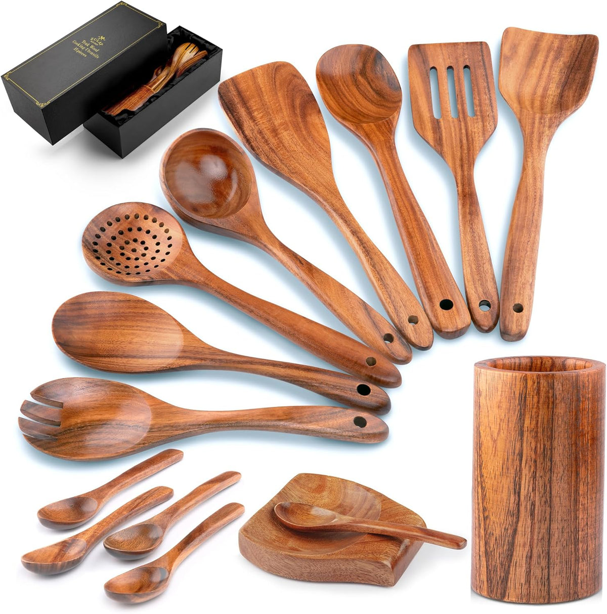 Zulay Kitchen 15-Piece Teak Wooden Utensils for Cooking - Natural Teak Utensil Set with Premium