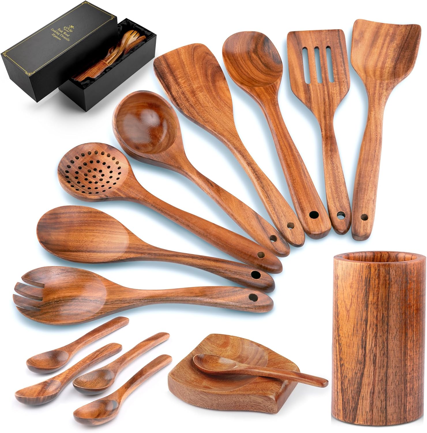Zulay Kitchen 15-Piece Teak Wooden Utensils for Cooking - Natural Teak Utensil Set with Premium
