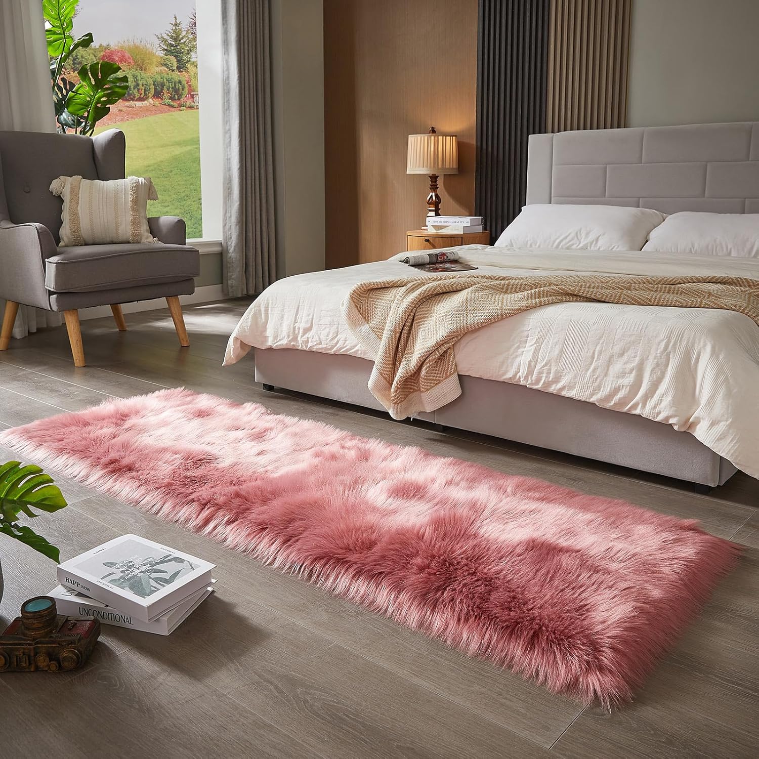 AMTOVO Faux Fur Rug, Blush Pink Ultra Soft Fluffy Shag Sheepskin Rug, 2 x 6 ft Runner Area Rugs for