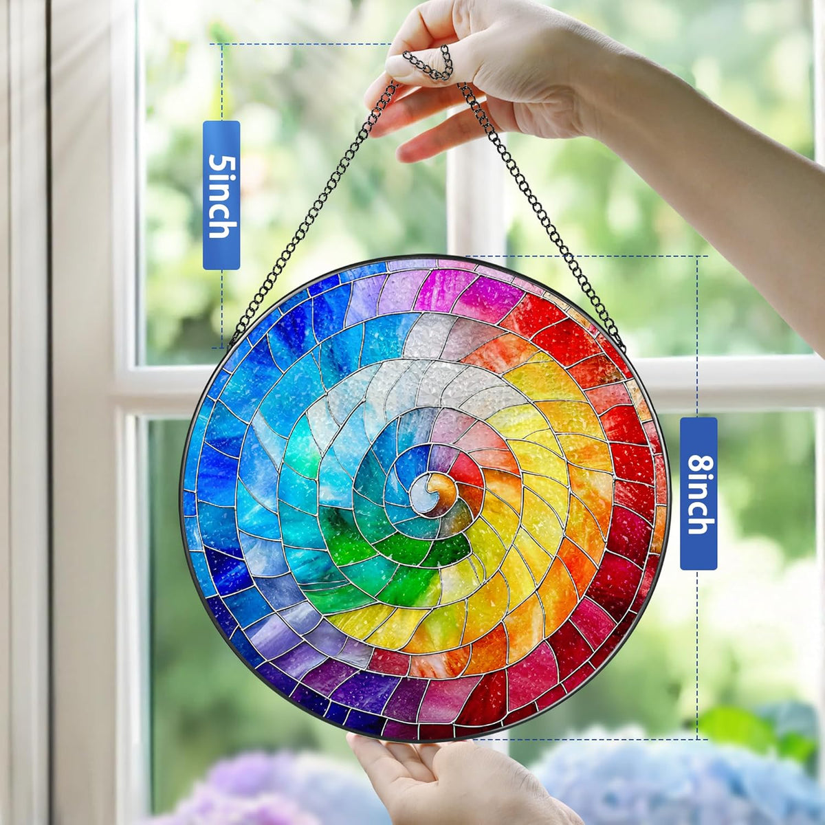 Stained Glass Window Hanging, 8 Inch Rainbow Spiral Stained Glass Suncatcher, Spiral Window Hanging