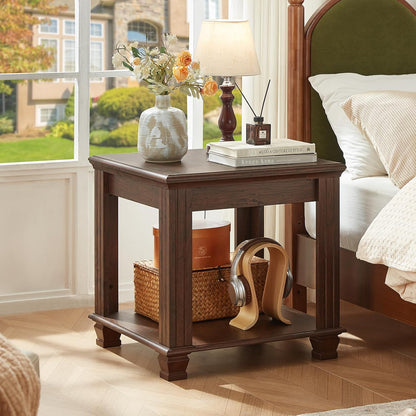 Farmhouse End Table,Large Side Table with 2-Tier Storage Shelf,Rustic Brown End Tables for Living