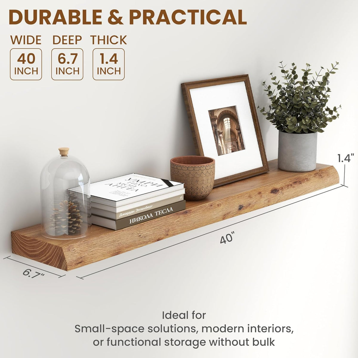 Fun Memories 40" Floating Shelves for Wall, Live Edge Solid Elm Wood Floating Shelf with Invisible