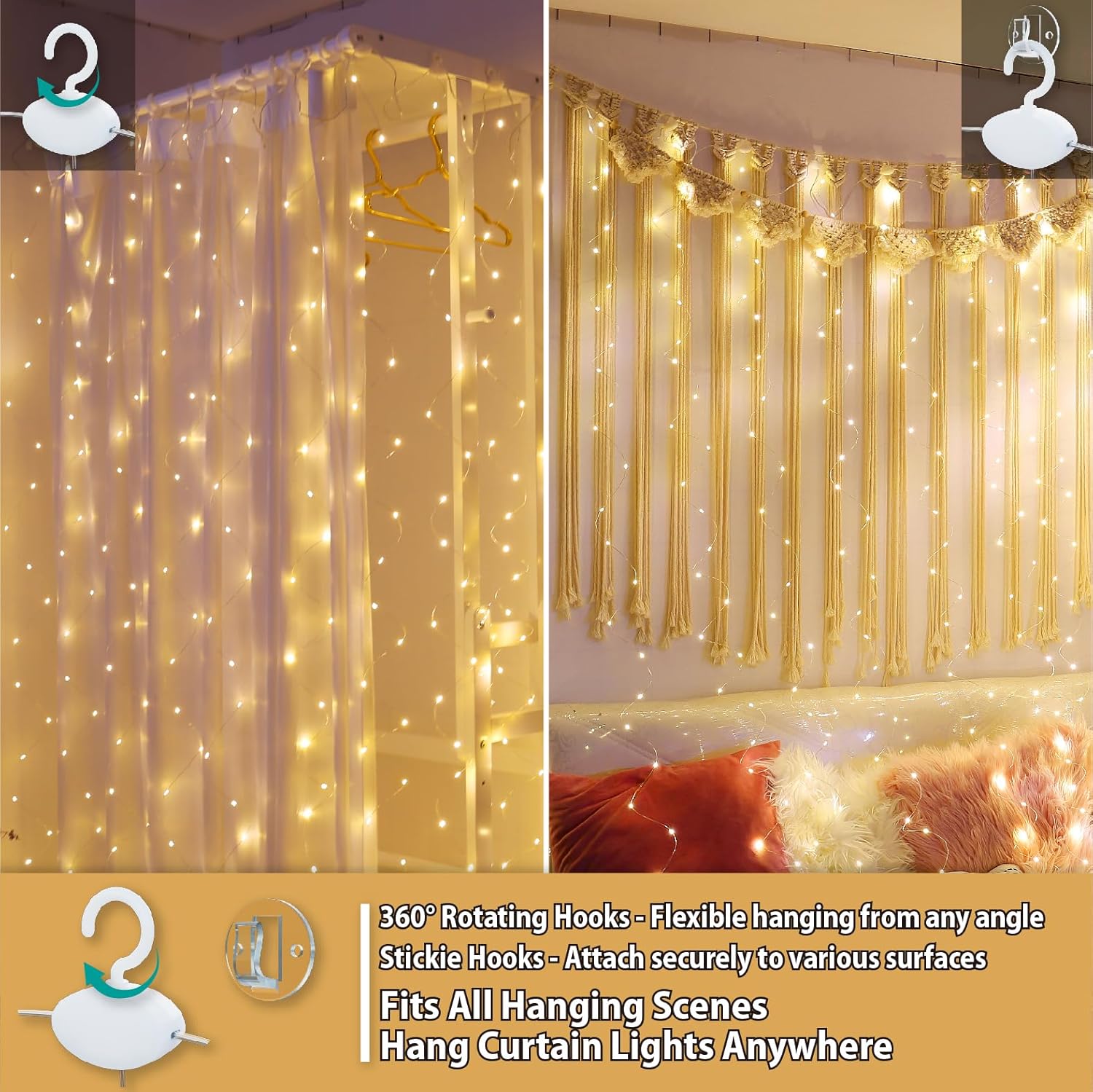HXWEIYE 300LED Fairy Curtain Lights, 9.8x9.8Ft Warm White USB Plug in 8 Modes Christmas String