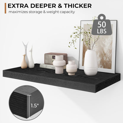 Fun Memories Floating Shelves - 2 Pack 12 Inch Rustic Wooden Wall Shelves - Extra Deeper & Thicker
