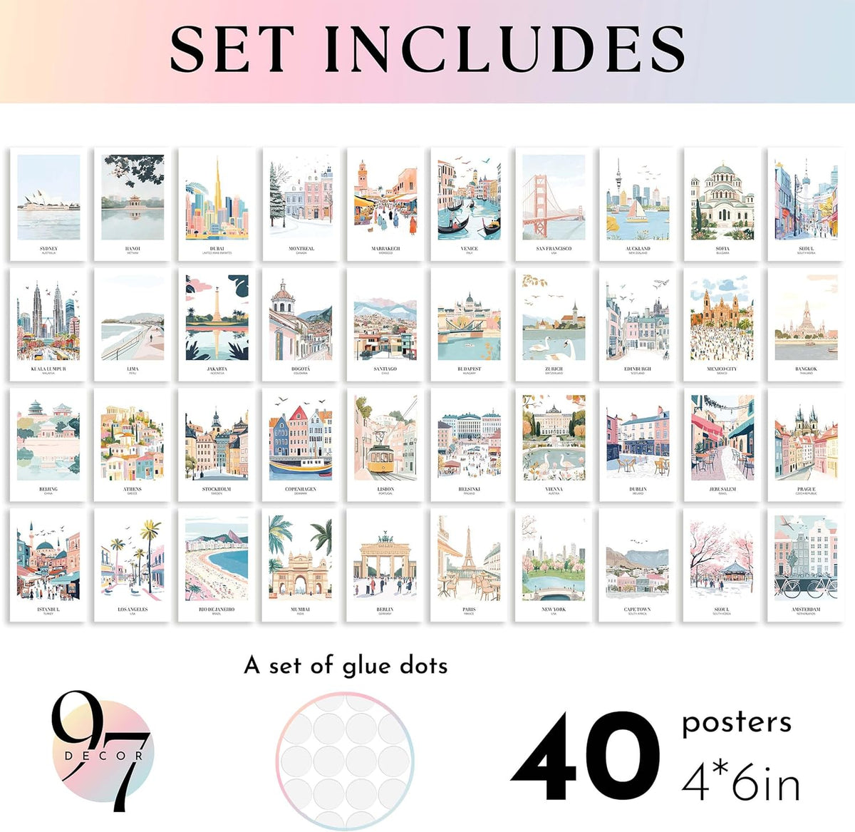 97 DECOR Vintage Travel Decor Posters - World Travel Wall Art Prints, Retro Popular Cities Photo