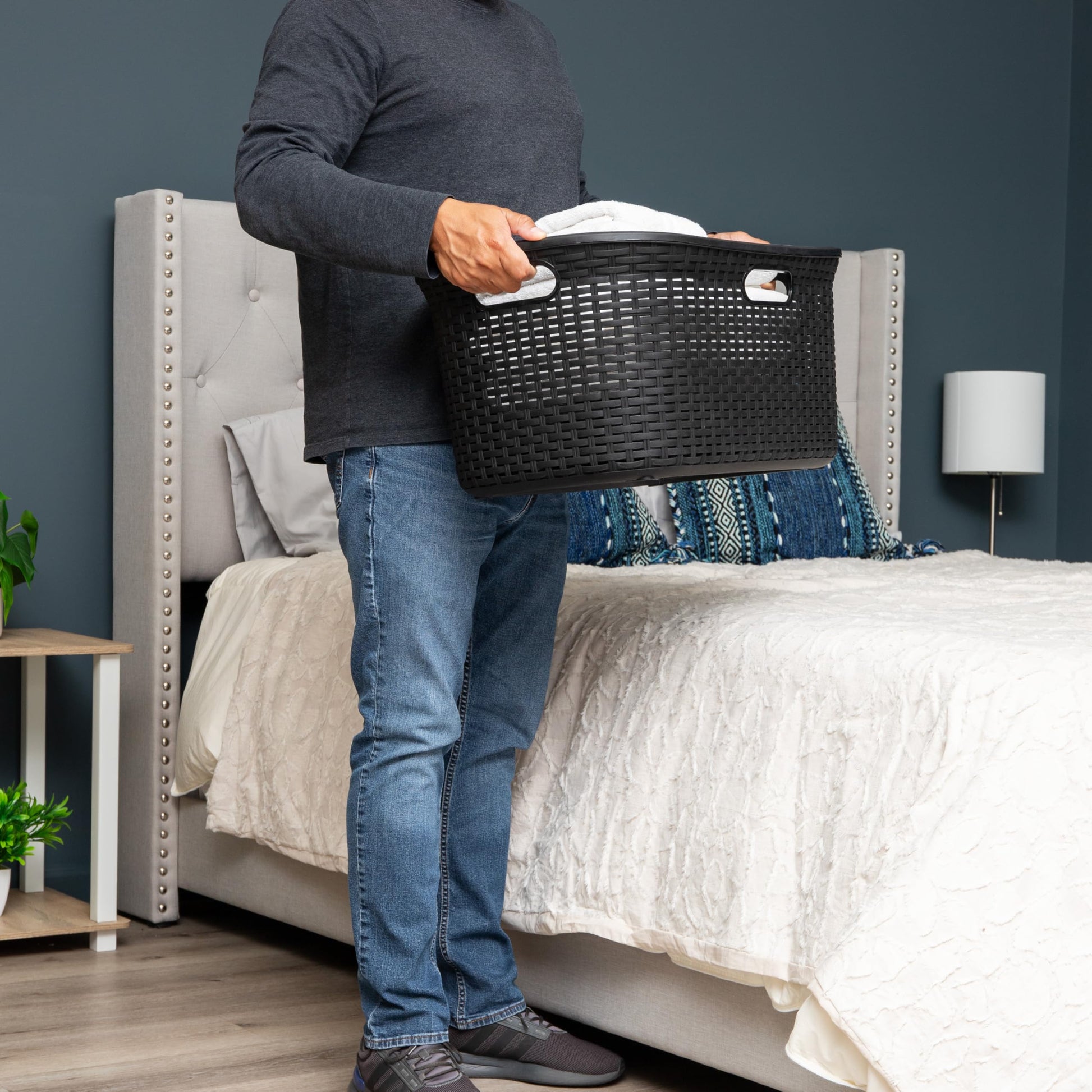 Mind Reader 40L Laundry Basket, Clothes Hamper, Premium Wicker Design, Plastic, Set of 2, Black