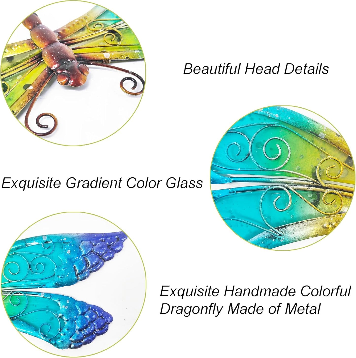 POXOHO Handmade Metal and Glass Dragonfly Wall Decor - Outdoor Garden Fence Art - 15 * 8.6 inches