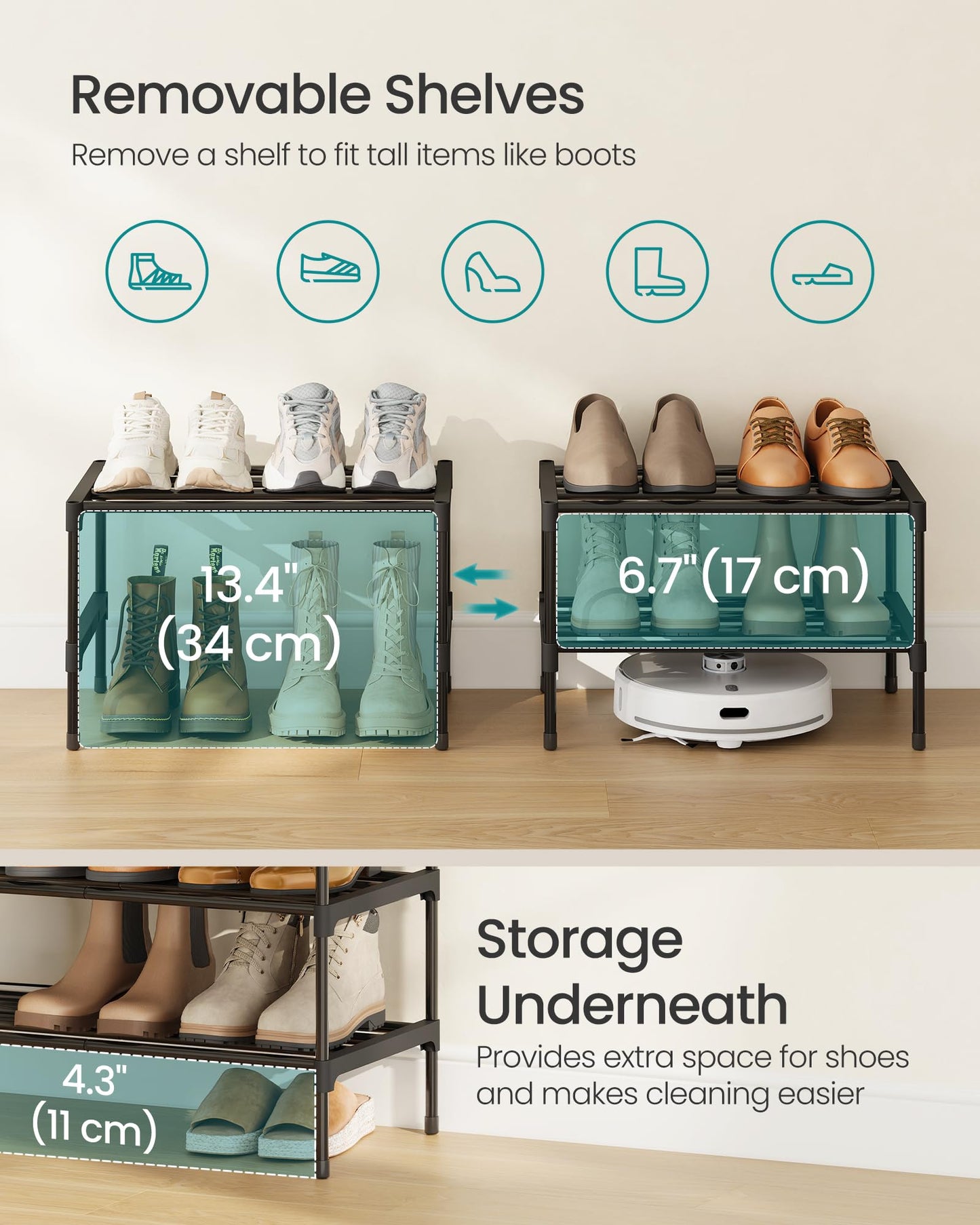 SONGMICS 2-Tier Shoe Rack, Stackable Compact Metal Shoe Storage Organizer