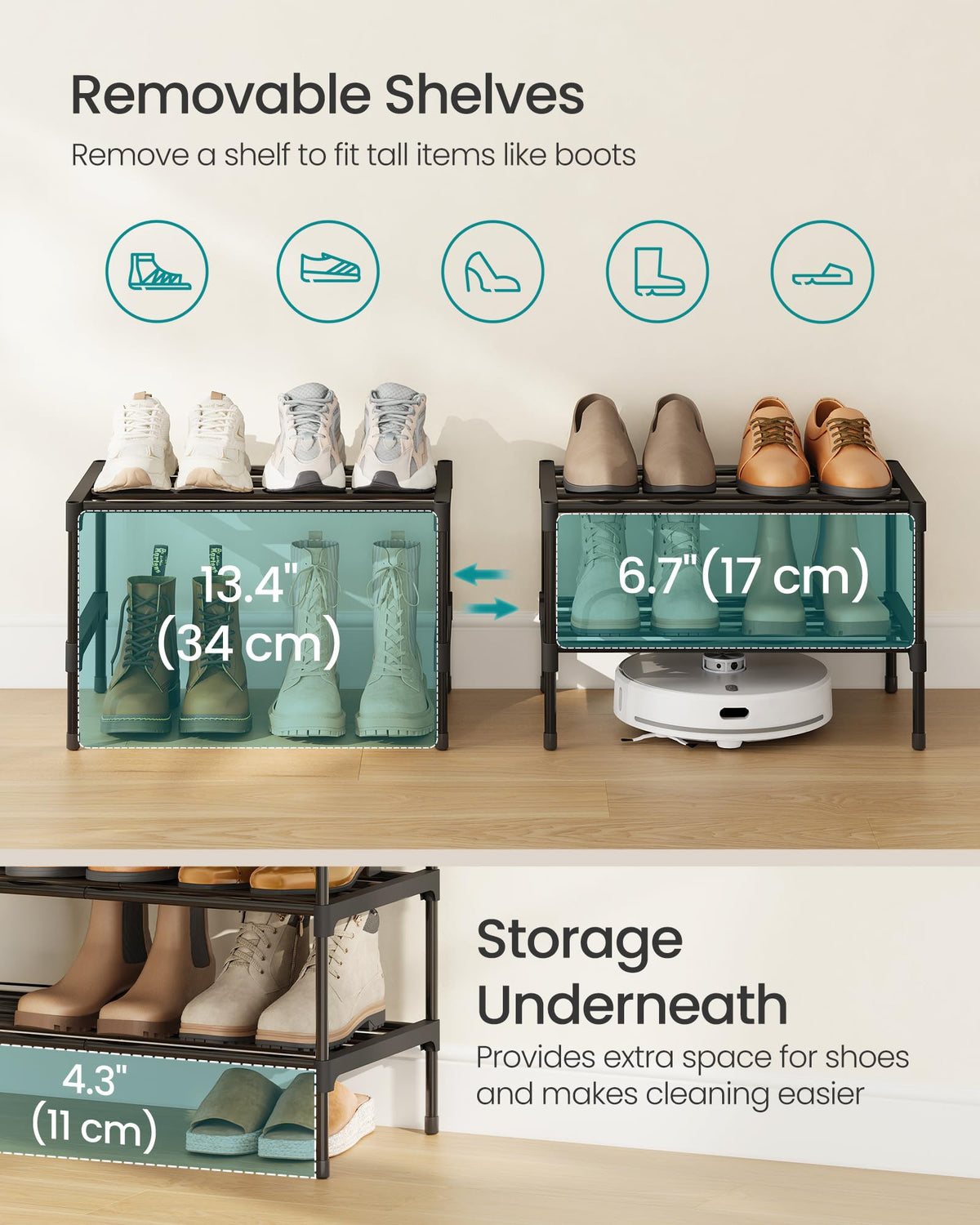 SONGMICS 2-Tier Shoe Rack, Stackable Compact Metal Shoe Storage Organizer