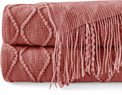 inhand Knitted Throw Blankets for Couch and Bed, Soft Cozy Knit Blanket with Tassel, Coral Pink