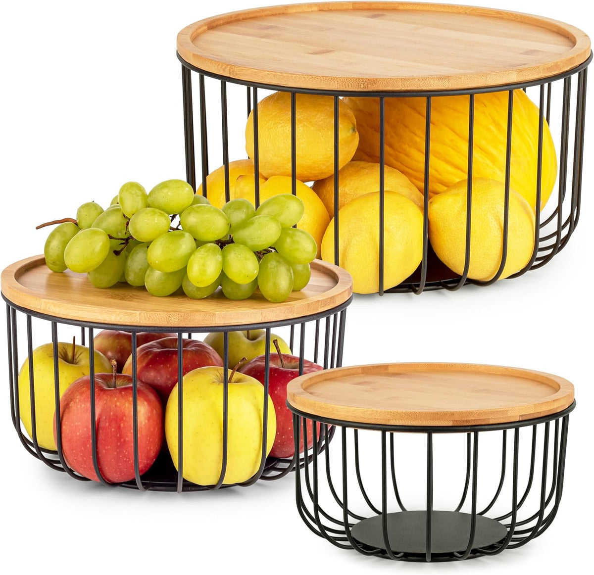 Fruit Basket for Kitchen Counter Set of 3 - Large Stackable Baskets with Bamboo Lid - Perfect