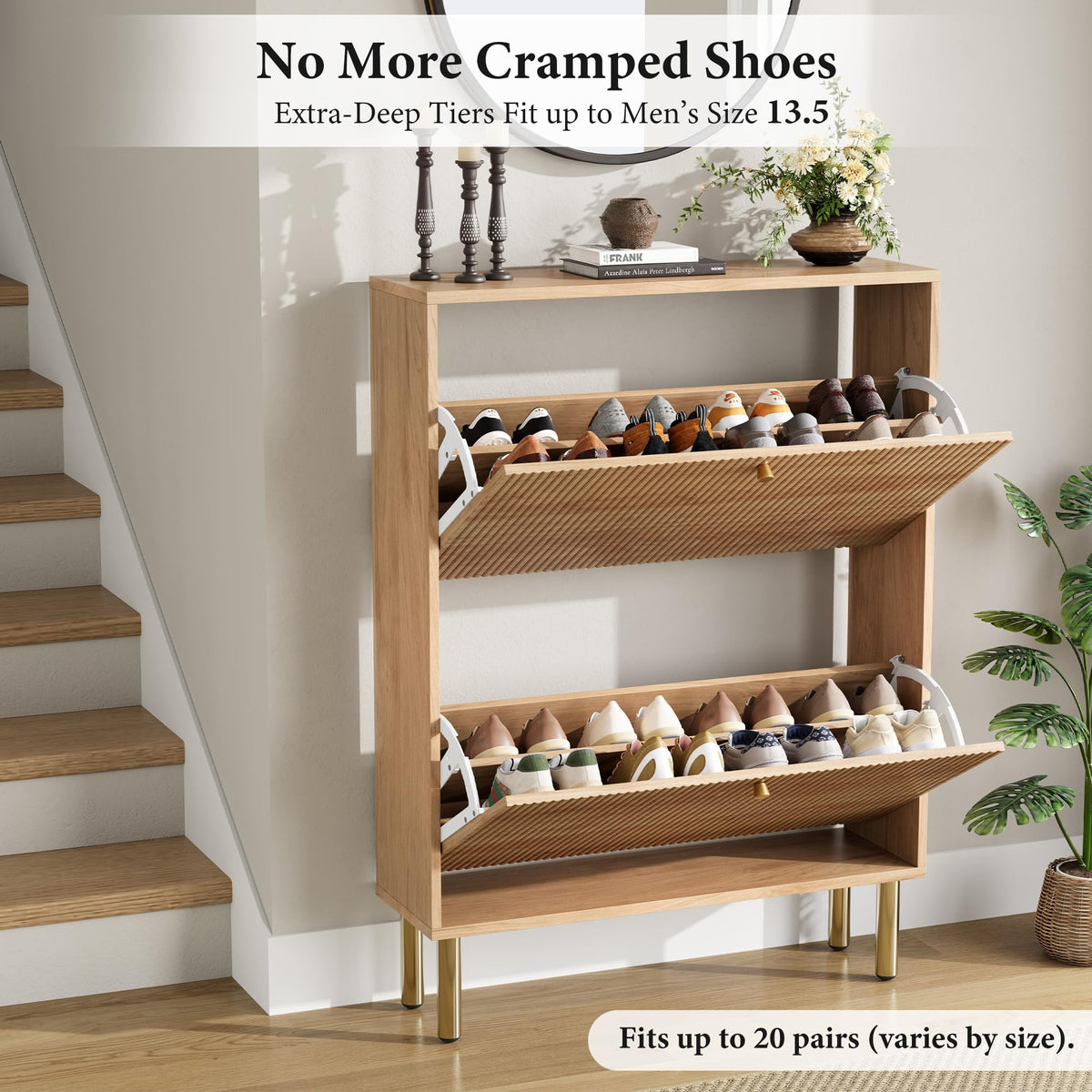 Nicetree Shoe Storage Cabinet for Entryway - Flip Shoe Cabinet with Tiered Fluted Design - Slim