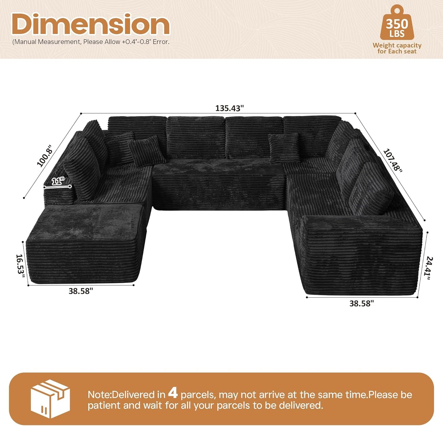 Cloud Sectional Couches for Living Room,U Shaped Modular Sofas No Assembly,135x100 Inches Plush