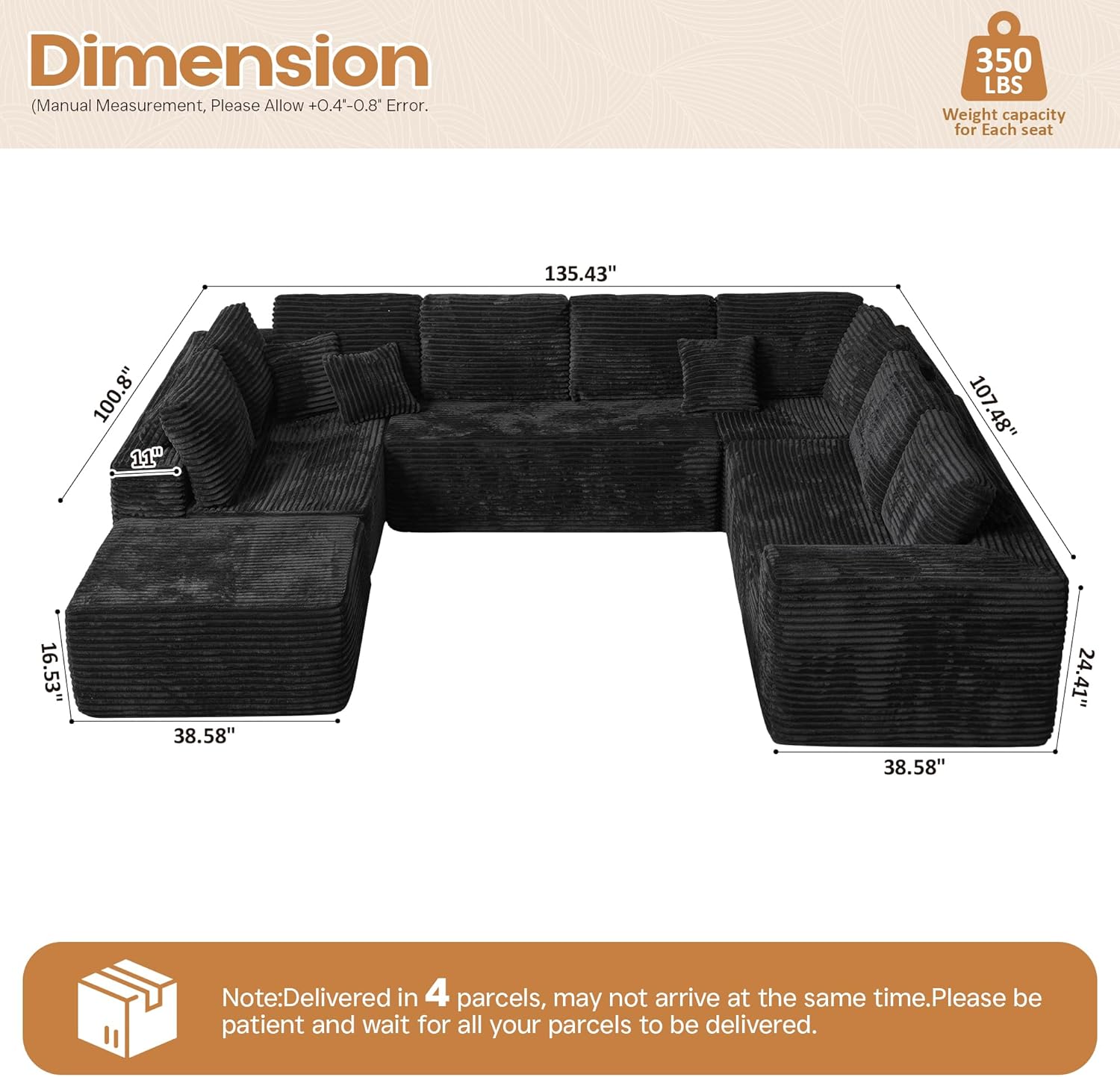 Cloud Sectional Couches for Living Room,U Shaped Modular Sofas No Assembly,135x100 Inches Plush