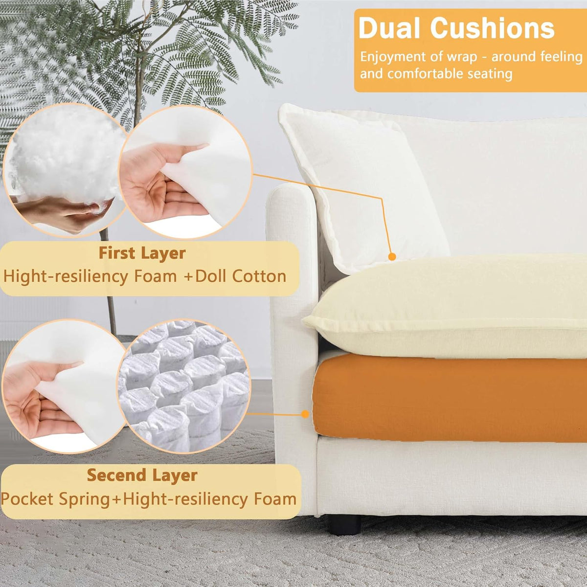 Sectional Sofa 4 Seater with Movable 1 Ottoman,Oversized Modular Couch Deep Seat (Beige, 146.5