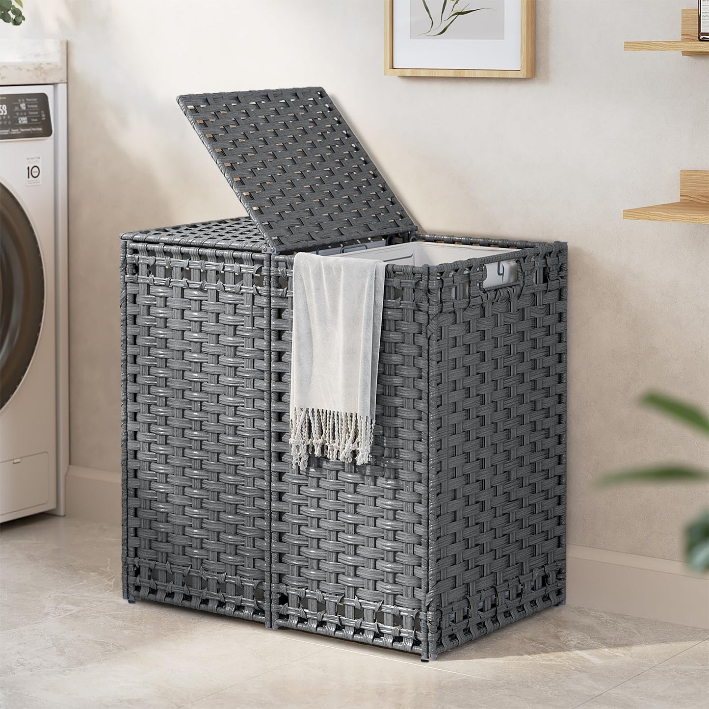 170L Foldable Laundry Hamper with Lid - Handwoven Rattan Storage Basket, 2-Section Clothes Hamper