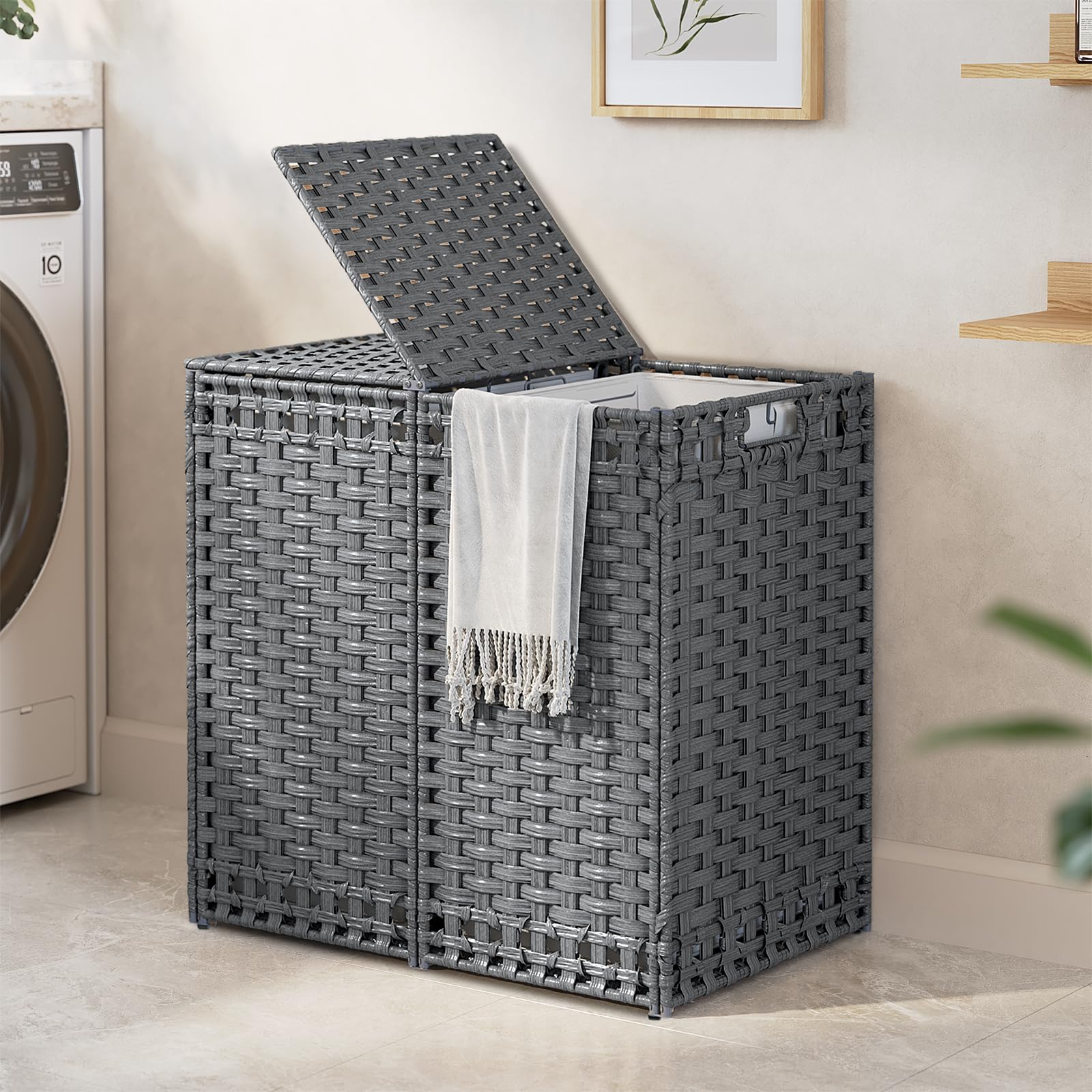 170L Foldable Laundry Hamper with Lid - Handwoven Rattan Storage Basket, 2-Section Clothes Hamper