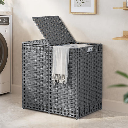 170L Foldable Laundry Hamper with Lid - Handwoven Rattan Storage Basket, 2-Section Clothes Hamper