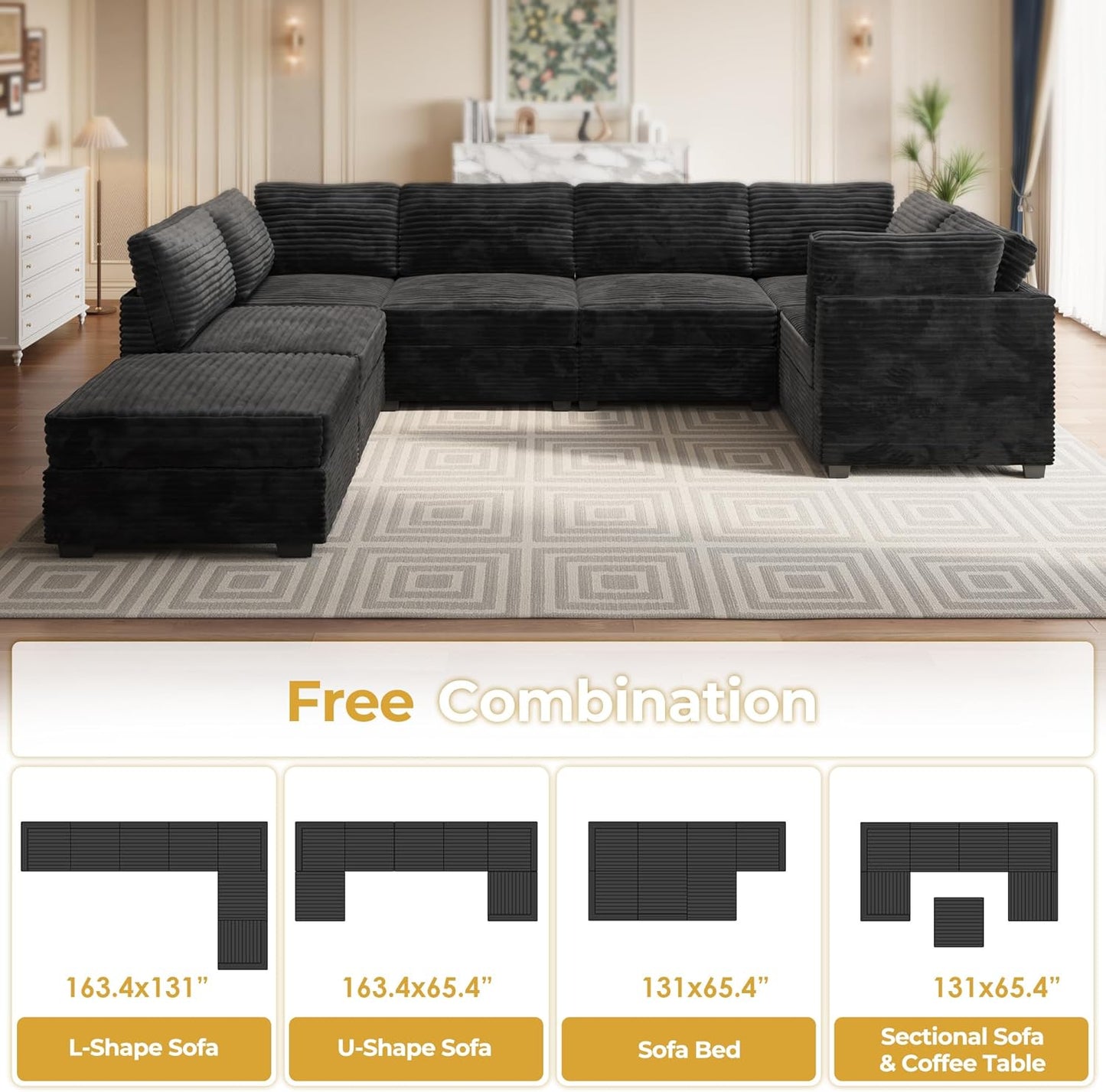 HOOOWOOO Modular Sectional Sofa,7 Pieces Sectional Couches for Living Room,131X66 U Shaped Cloud