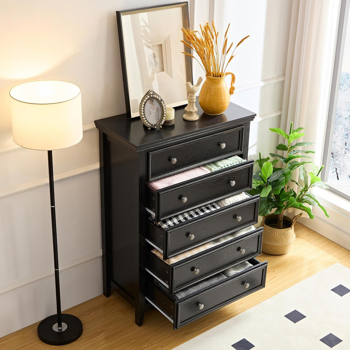 BLANKSPACE Black 5 Drawer Dresser, Modern Dresser for Bedroom, Wood Drawer Organizer with Metal