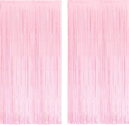 BRAVESHINE Pastel Pink Foil Fringe Curtains Tinsel Backdrop - 2 Pack Photo Booths Party Streamers