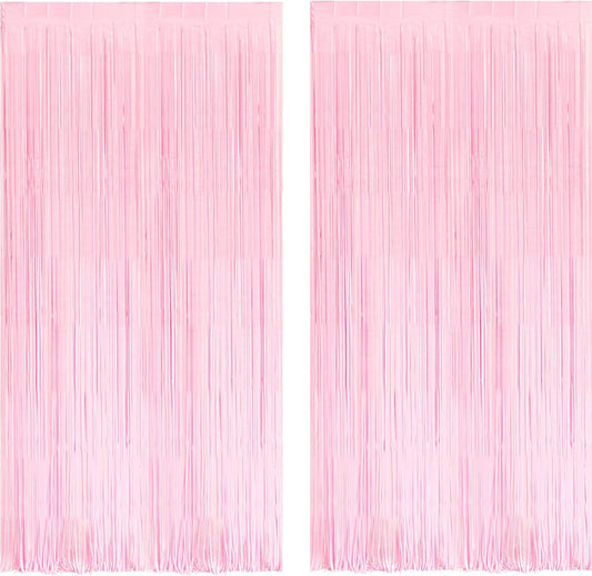BRAVESHINE Pastel Pink Foil Fringe Curtains Tinsel Backdrop - 2 Pack Photo Booths Party Streamers