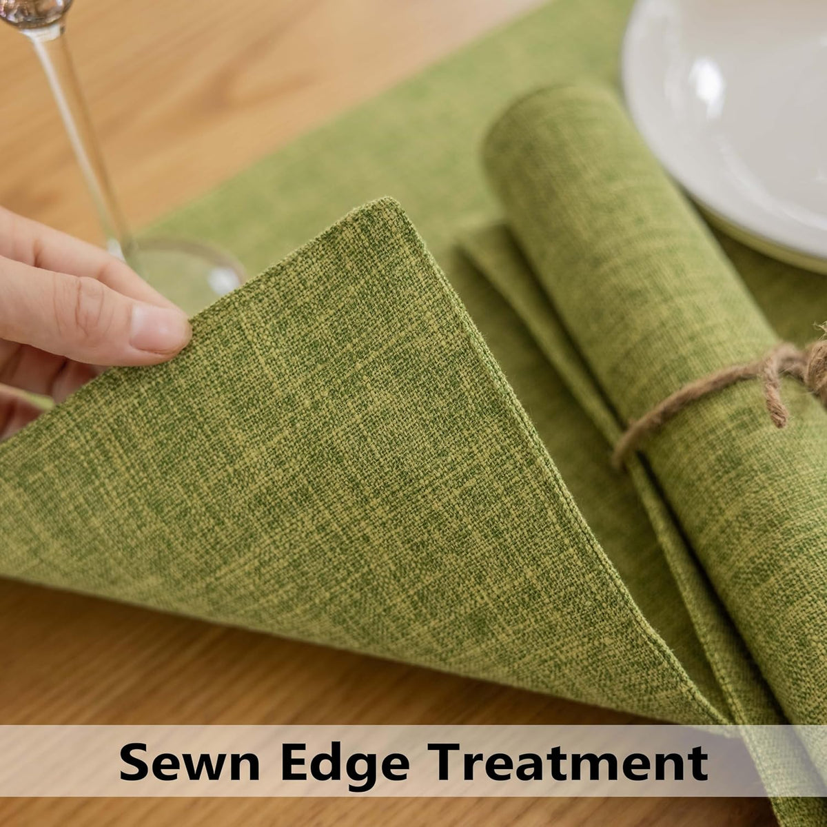 Demetex Table Placemats Set of 8 Olive Green Linen Place Mats Washable Fabric Plate Mats for Picnic