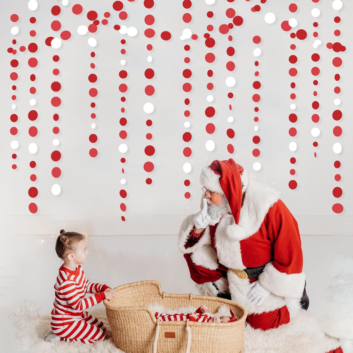 46 Ft Red Party Decorations Polka Dots Garlands Red and White Hanging Paper Circle Dots Streamer