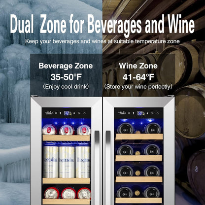 Wine and Beverage Refrigerator Upgraded, 24 Inch Beverage Refrigerator Cooler Dual Zone with Glass