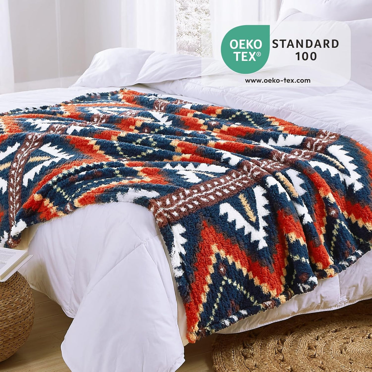 CASAAGUSTO Boho Sherpa Throw Blanket, Aztec Throw, Ultra Soft, Warm, Cozy, Plush, Thick Fleece